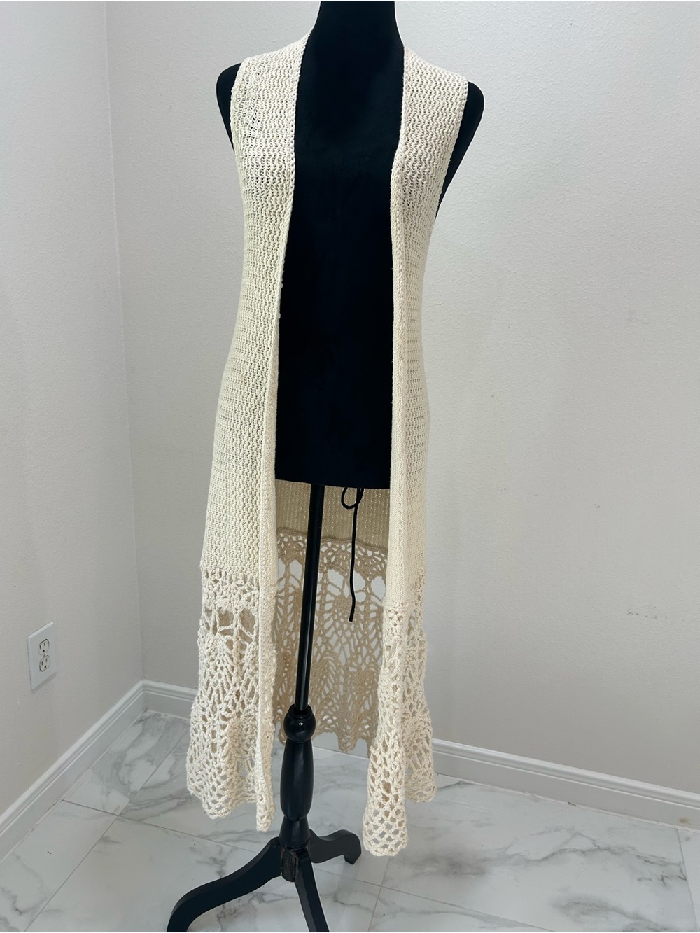 Hand Knit by Dollie Long Crochet Open Cardigan Duster Vest in Cream,